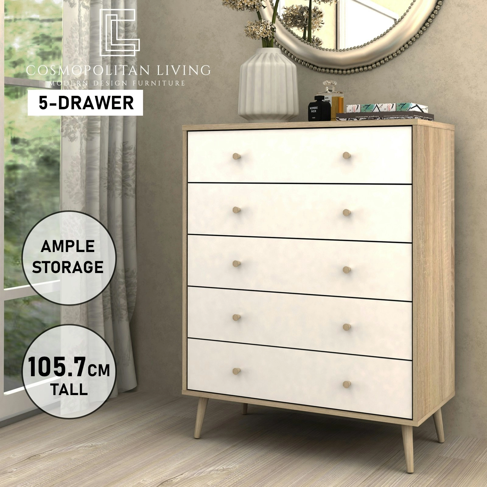 Adriana 5 Drawer Tallboy Dresser | Scandinavian Style Chest for Elegant Storage