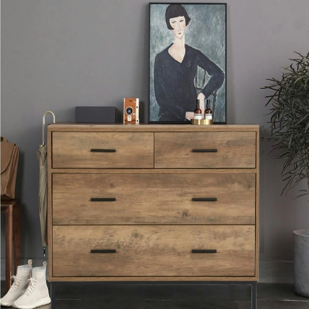 Bronx Chest of 4 Drawers Industrial Tallboy Dresser W/Black Metal Handle