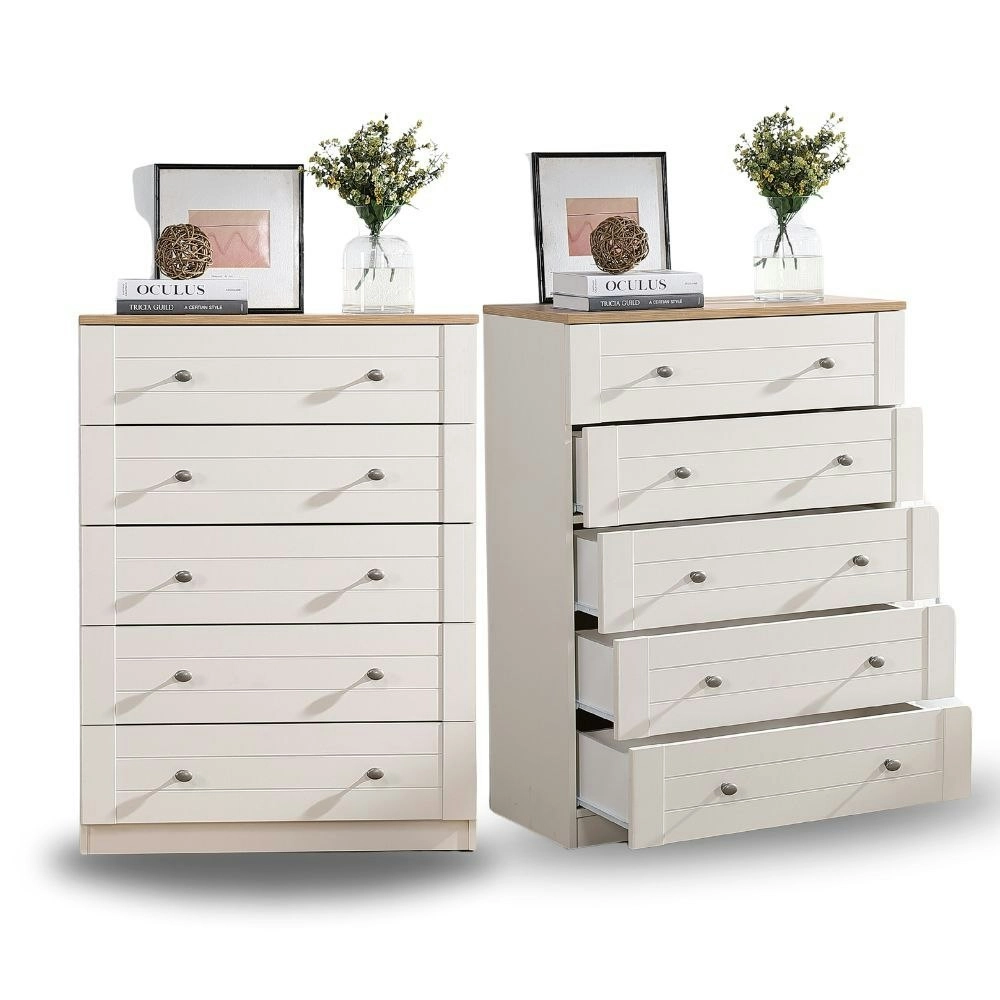 Harriet 5 Drawer Tallboy Chest - Pine Color (Set of 2) | Spacious and Stylish Bedroom Storage