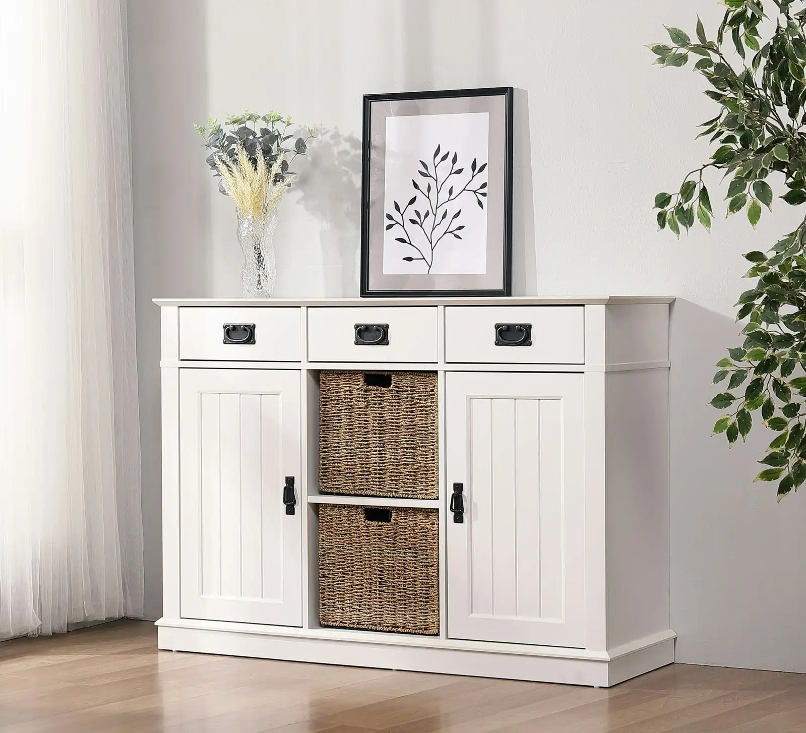 Cosmoliving Buffet Sideboard White 3-Drawer Storage + 2 Sea Grass Storage Basket