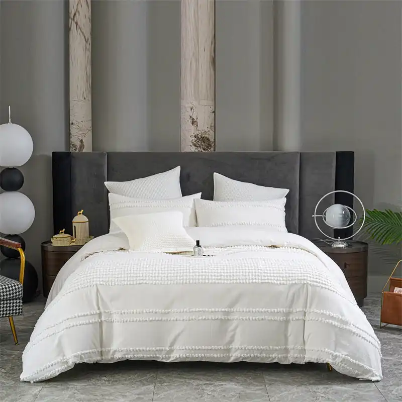 100% Cotton Tufted Stripe Pattern White Quilt Doona Duvet Cover Set