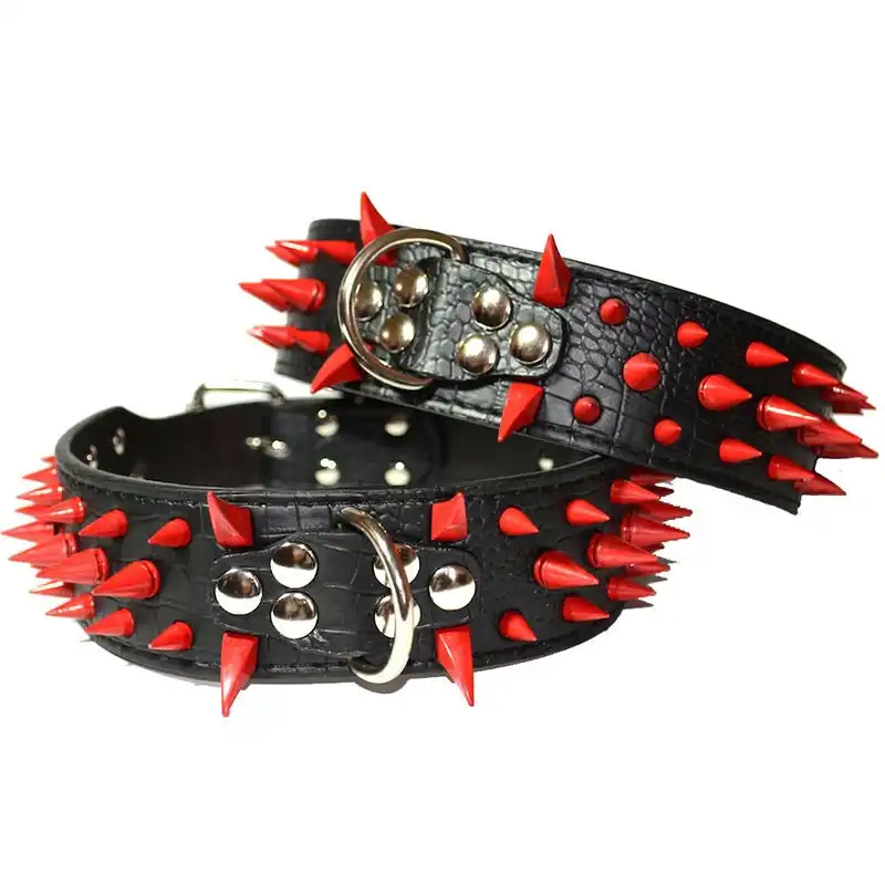 Pet Dog Leather Collar Red Painted Spikes Adjustable Size Dog Collar Black M L