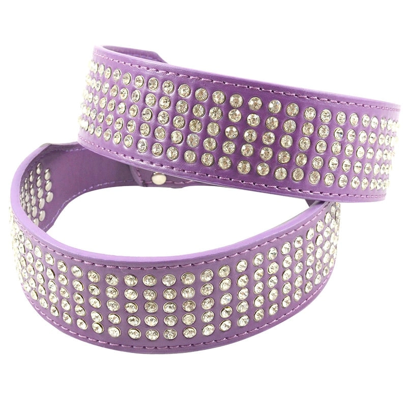 Dog Leather Collar Five Row BlingBling Rhinestones Diamante Collar Purple