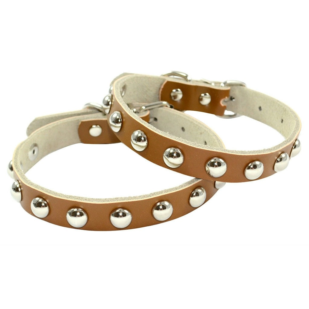 2 x Small-Medium Breed Pet Cat Dog Leather Collars Brown Mushroom Studs