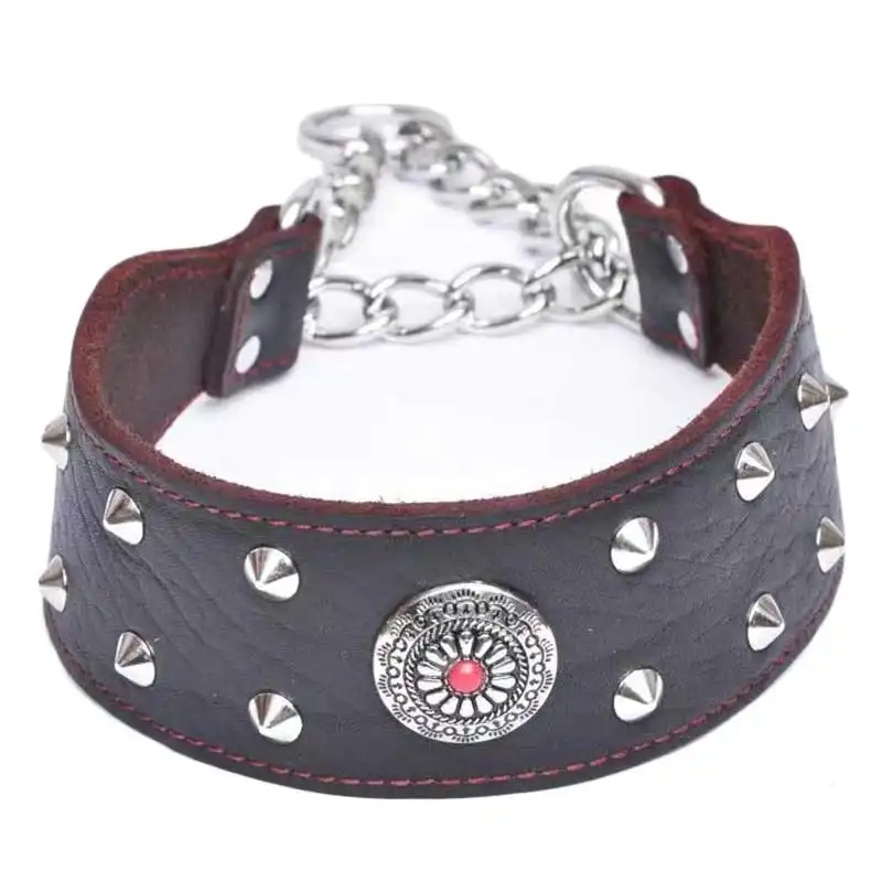 Top Quality Handmade Genuine Leather Adjustable Chain Studded Dog Collar