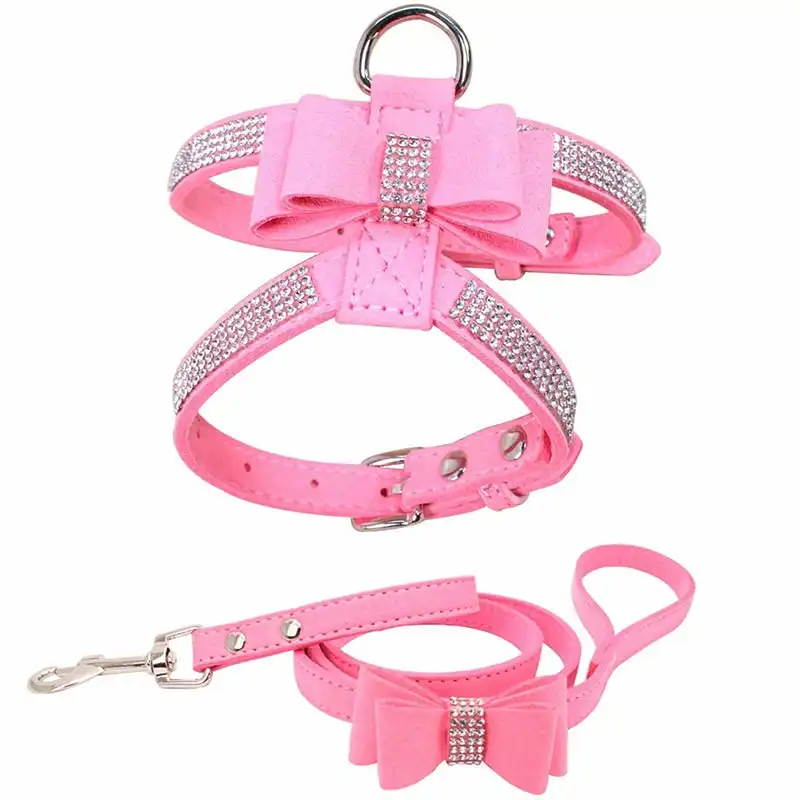 Microfiber Leather Dog Harness Set BlingBling Rhinestone Harness & Leash