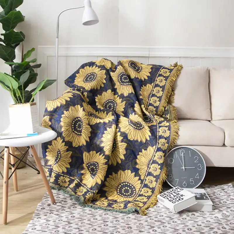 Slub PolyCotton Knitted Blanket Sunflower Pattern Sofa Bed Leisure Throw Rug 180x230cm