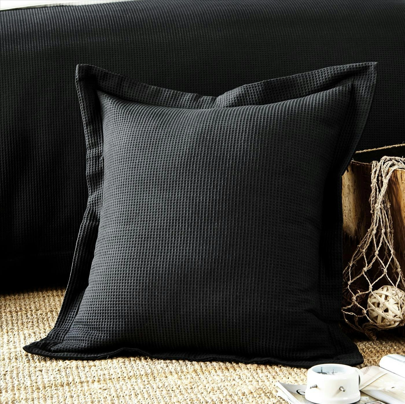 A Pair of 100% Cotton Black Waffle European Cushion Covers 65x65cm+5cm