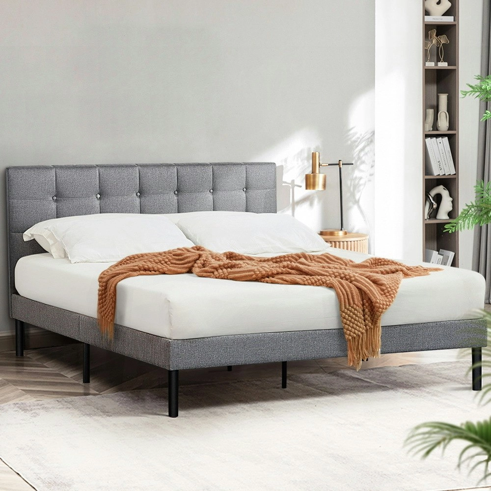 Furb Double Platform Bed Frame w/ Upholstered Headboard Strong Wooden Slats,Gray