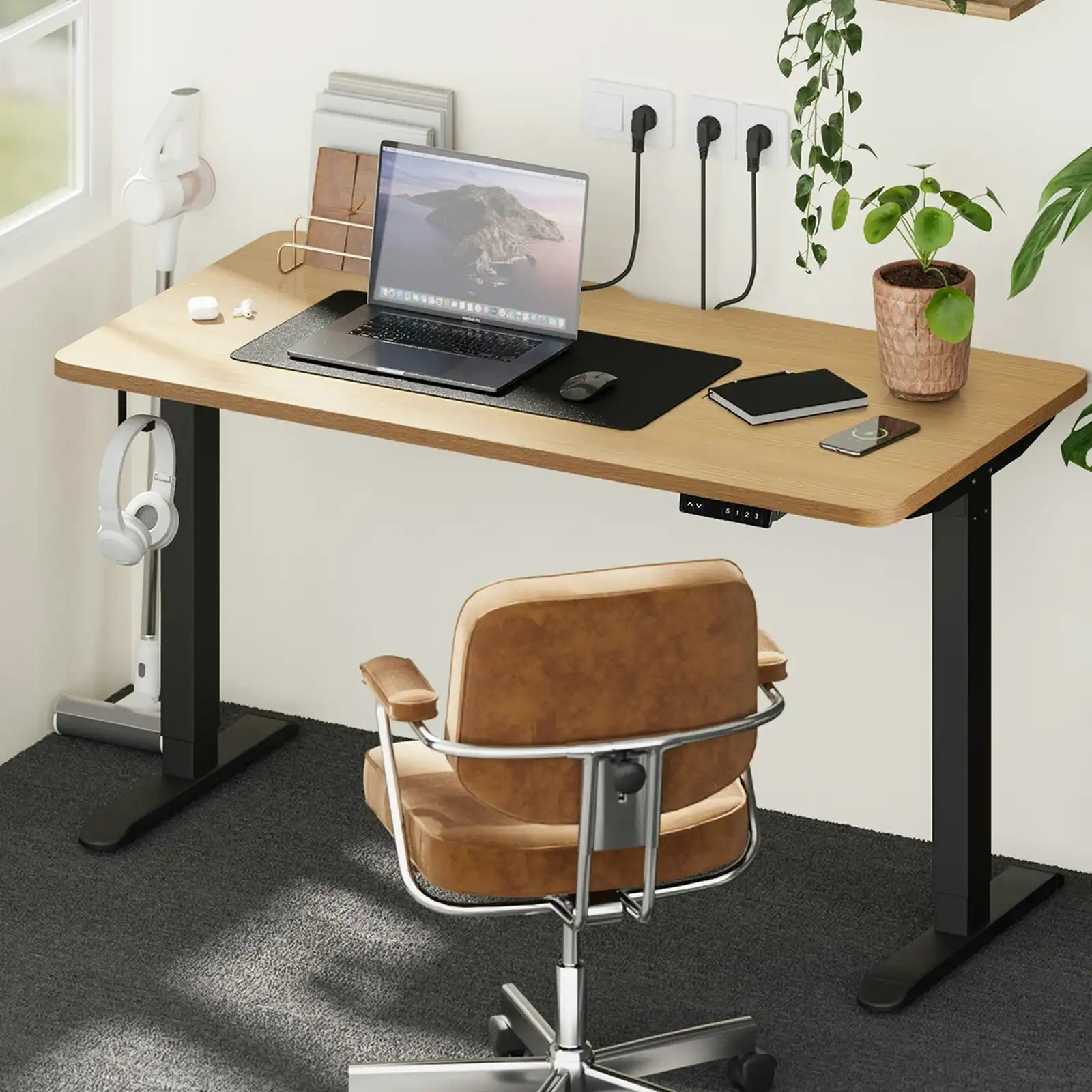 Oikiture Electric Standing Desk With Wireless Charging Single Motor Black Frame 140CM OAK Tabletop