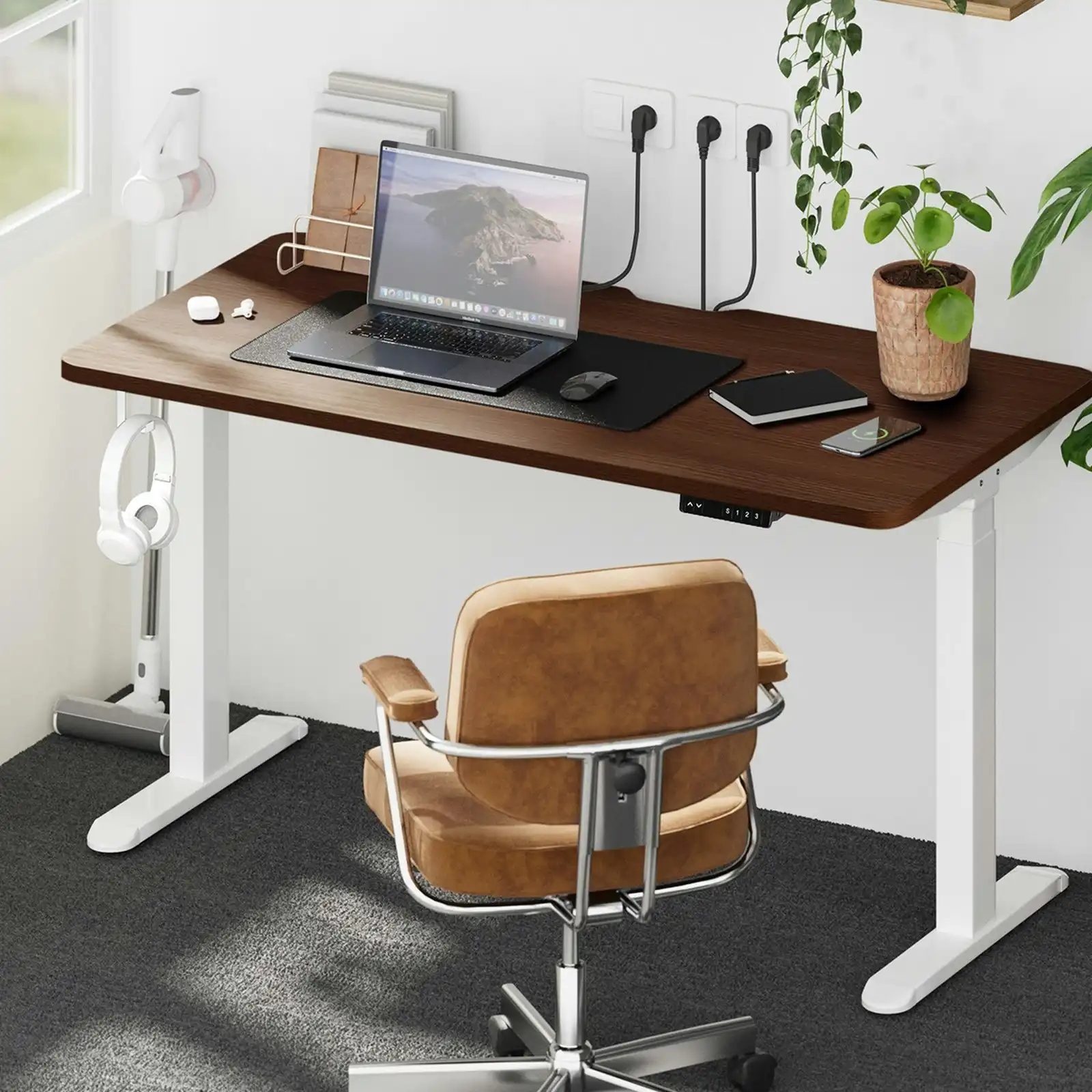 Oikiture Electric Standing Desk With Wireless Charging Dual Motor White Frame 140CM Walnut Tabletop