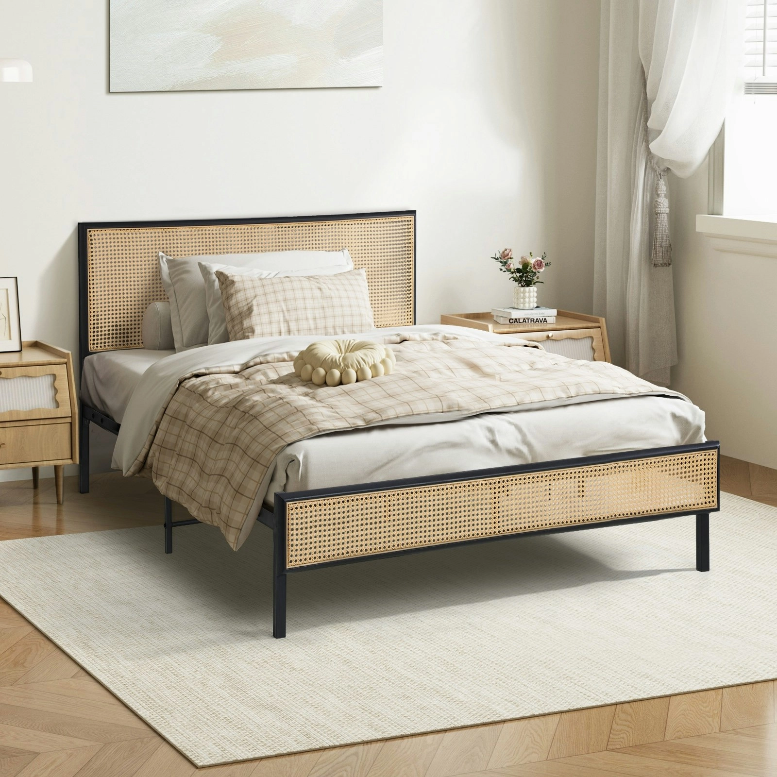 Oikiture Metal Bed Frame Single Size Beds Base Platform Rattan