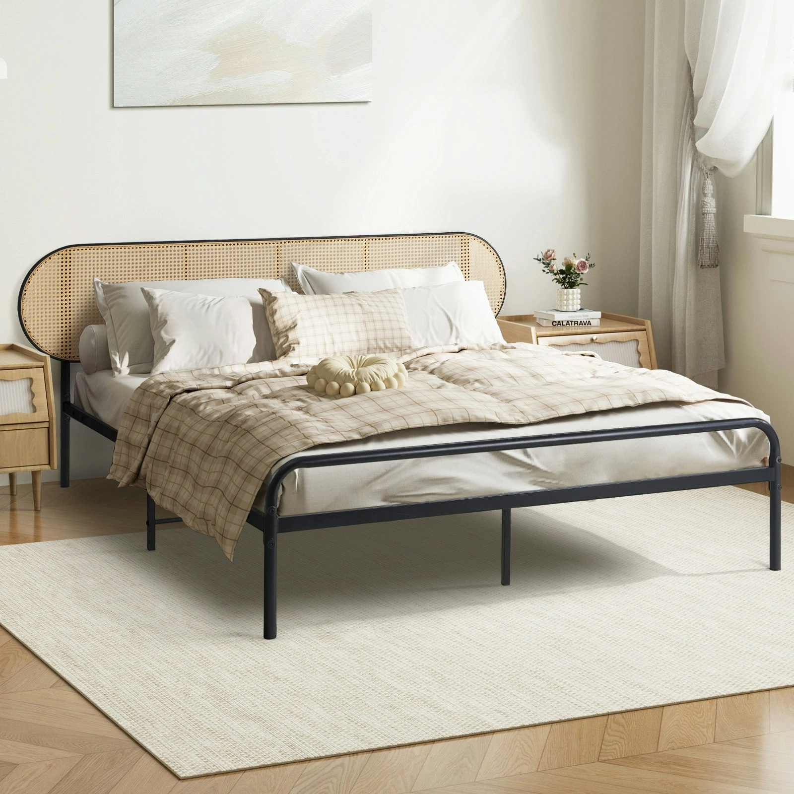 Oikiture Bed Frame Queen Size Metal Base Platform with Rattan Headboard