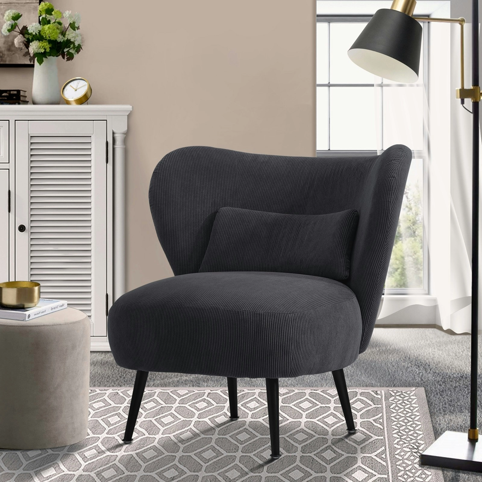 Oikiture Armchair Lounge Chair with Lumbar Pillow Wingback Velvet Charcoal