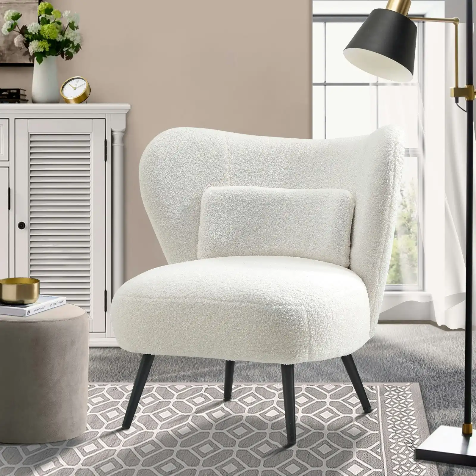 Oikiture Armchair Lounge Chair with Lumbar Pillow Wingback Boucle White