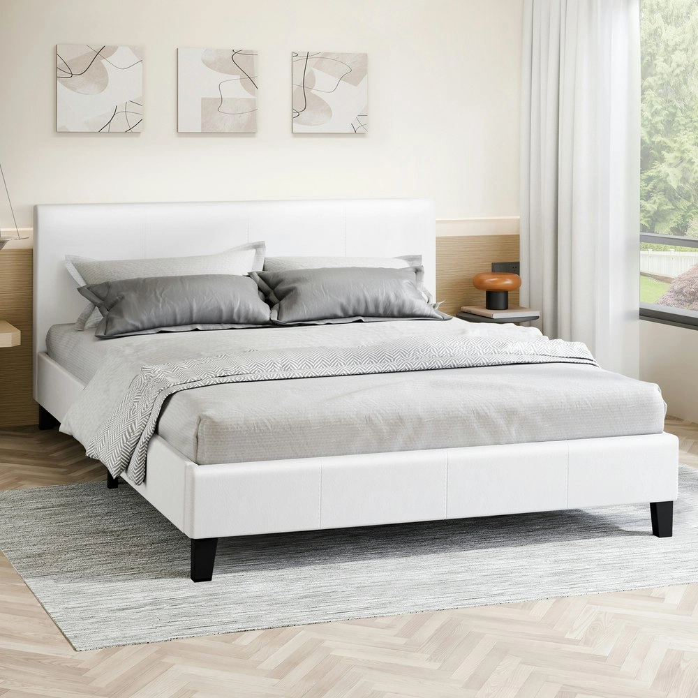 Alfordson Bed Frame Double Size Mattress Base Wooden Platform Leather White