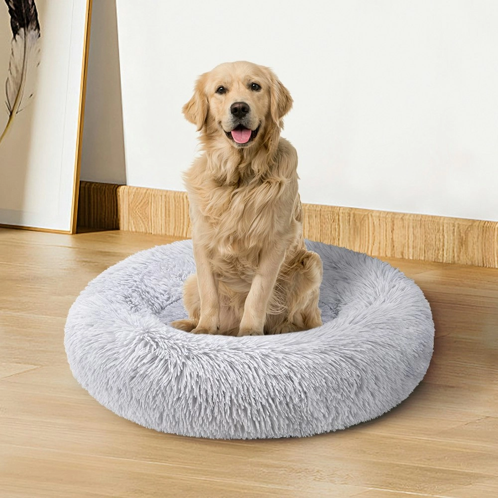 Petzly Dog Cat Calming Bed Warm Soft Plush Round Waterproof 70CM Bed Light Grey