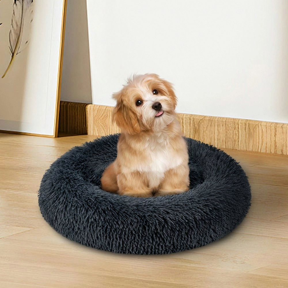 Petzly Dog Cat Calming Bed Warm Soft Plush Round Waterproof 50CM Bed Light Black