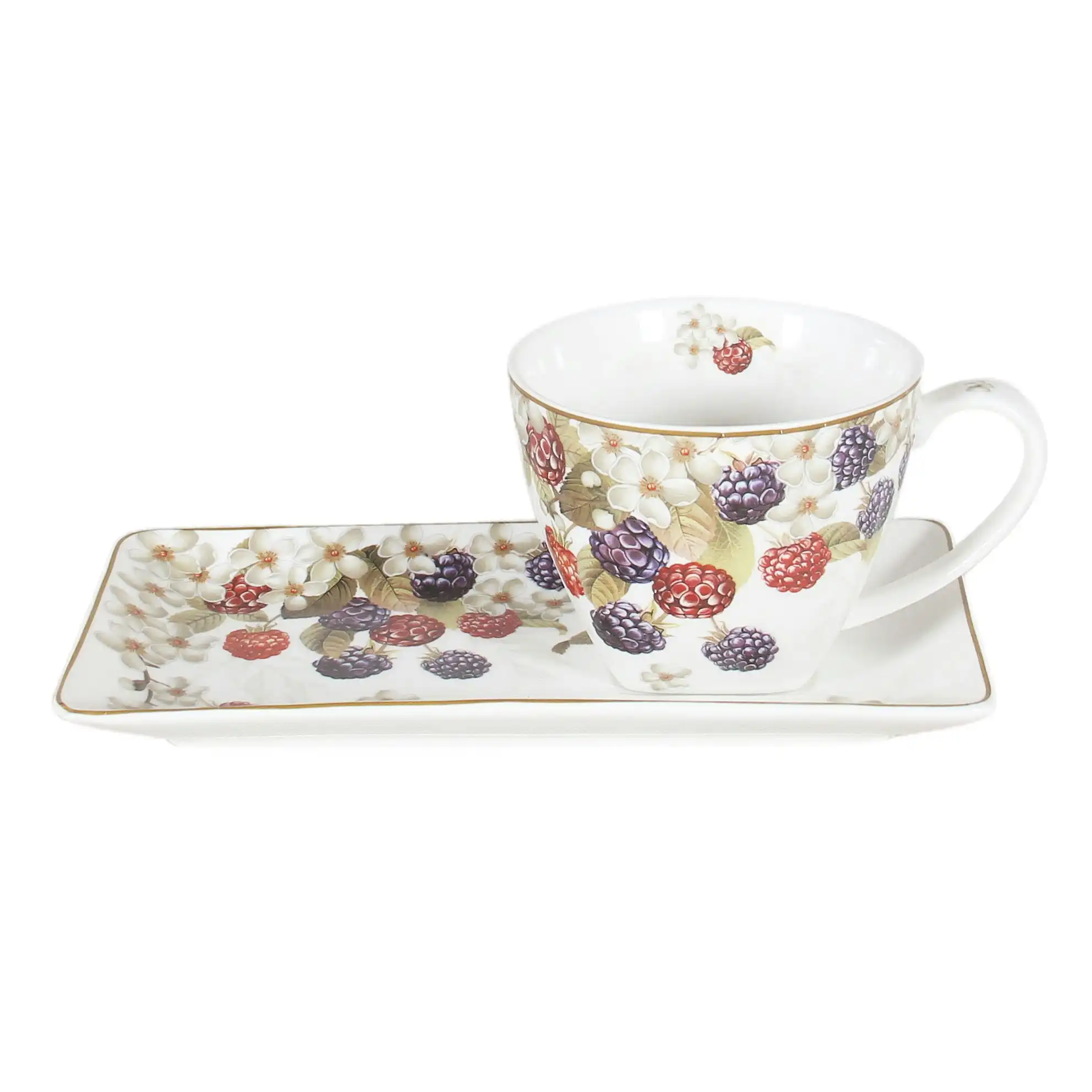 Wild Berry Fine Bone China Gold Rim Cup & Saucer Breakfast Set