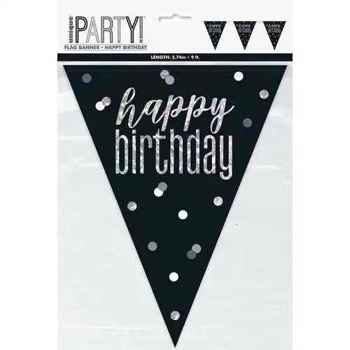 Black & Silver Happy Birthday Prismatic Foil Flag Banner