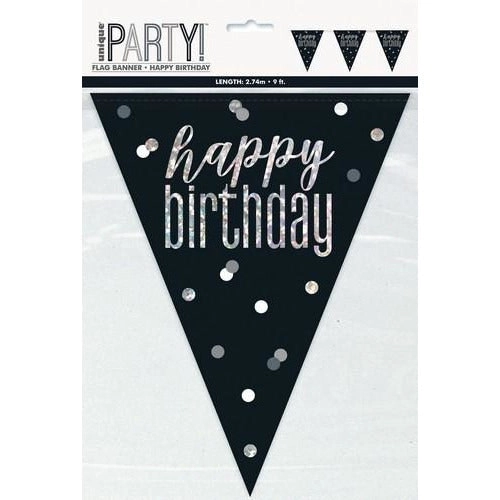 Black & Silver Happy Birthday - Foil Flag Banner