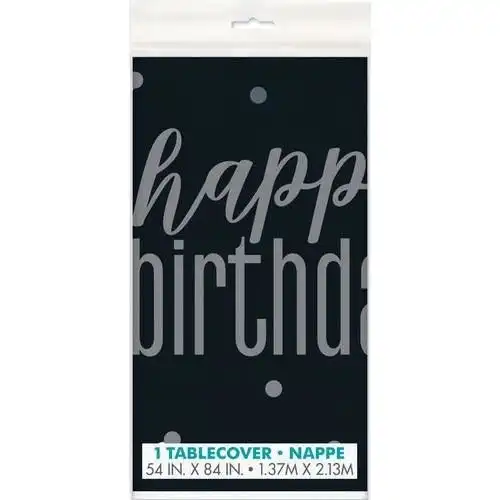 Black & Silver Happy Birthday Printed Tablecover