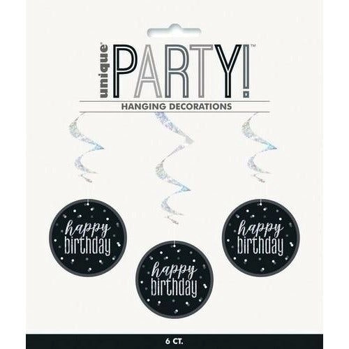 Happy Birthday Hanging Swirl Decorations - Black & Silver