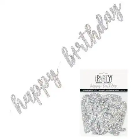 Silver Happy Birthday Prismatic Foil Script Jointed Banner