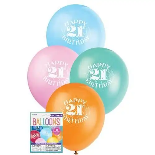 Happy 21st Birthday Latex Balloons 30cm 8Pk