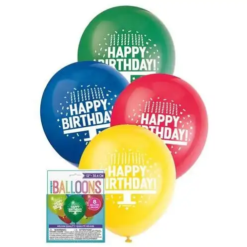 Happy Birthday Cake 8 x 30cm Balloons Assorted Primary Colours