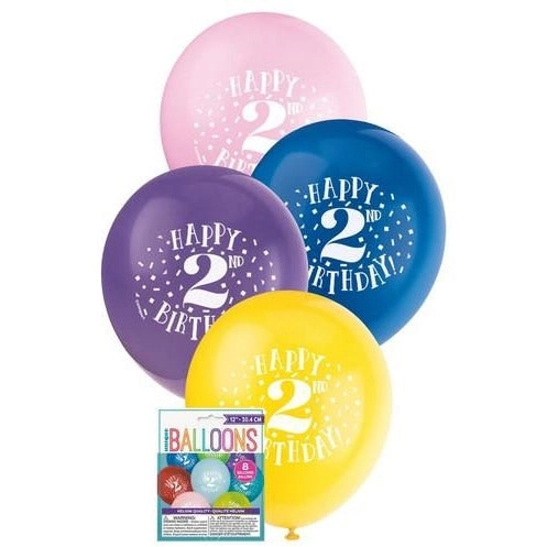 Happy 2nd Birthday 8 x 30cm Balloons Assorted Colours