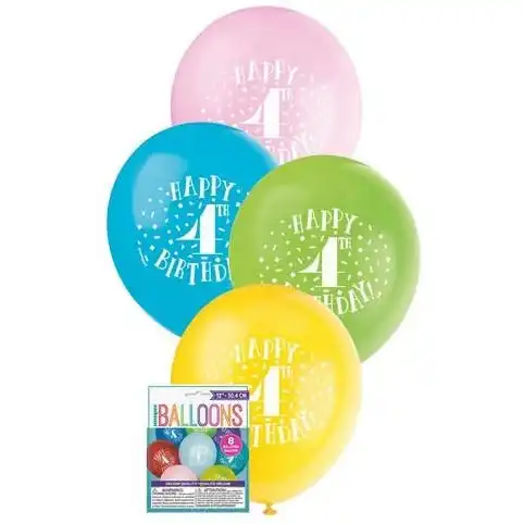 Happy 4th Birthday Latex Balloons Assorted Colours