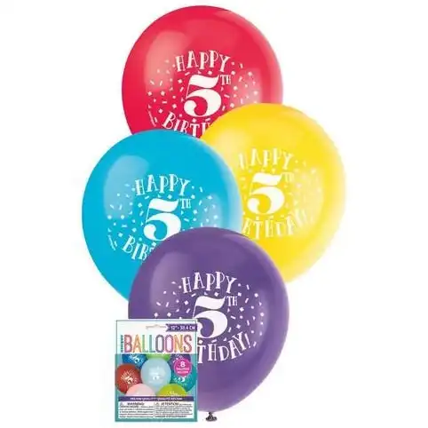 Happy 5th Birthday 8 x 30cm Balloons Assorted Colours