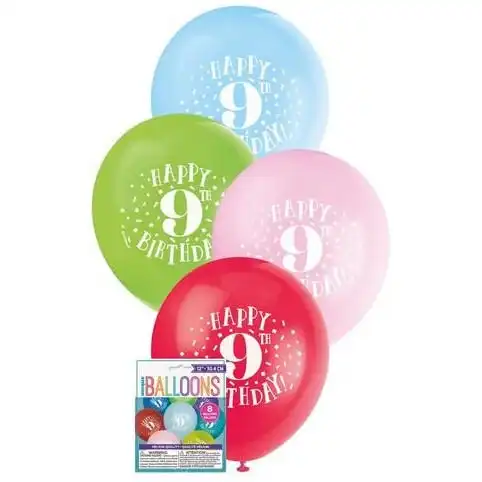 Happy 9th Birthday 8 x 30cm Balloons Assorted Colours