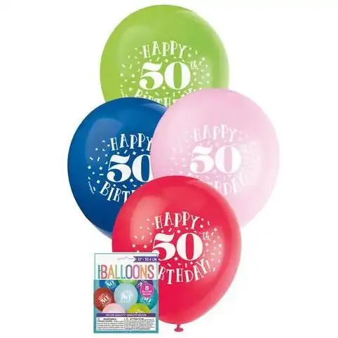 Happy 50th Birthday 8 x 30cm Balloons Assorted Colours