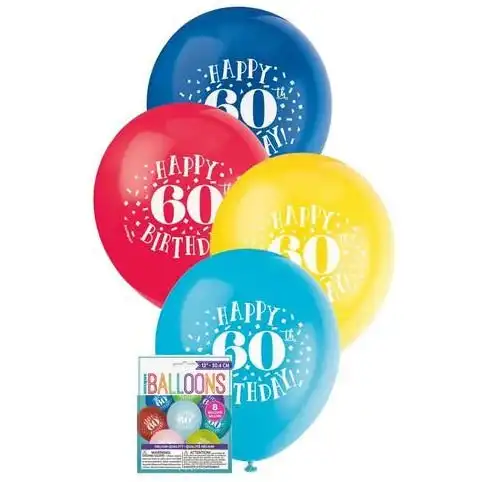 Happy 60th Birthday 8 x 30cm Balloons Assorted Colours