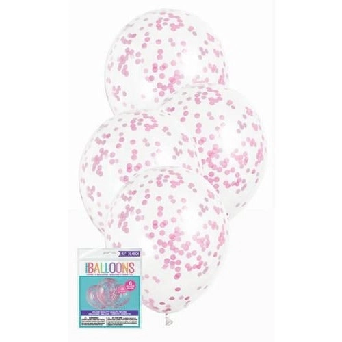 Clear Latex Balloons Prefilled With Hot Pink Confetti 30cm 6Pk