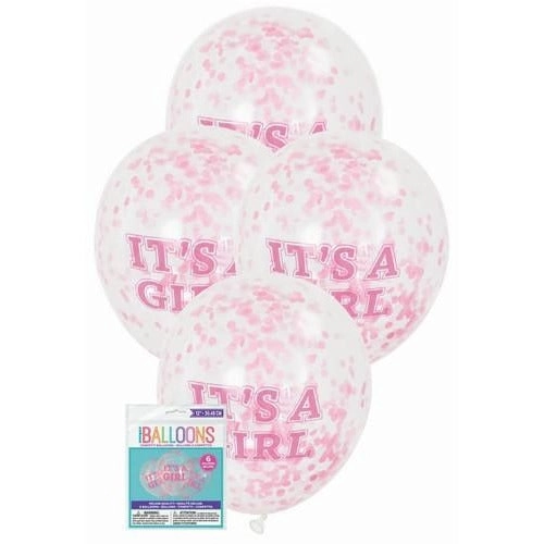 It's A Girl Clear Latex Balloons Prefilled With Pink Confetti 30cm 6Pk