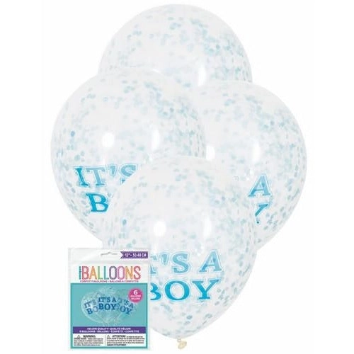 It's A Boy Clear Latex Balloons Prefilled With Blue Confetti 30cm 6Pk