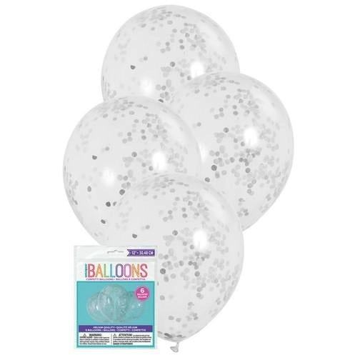 Clear Latex Balloons Prefilled With Silver Confetti 30cm 6Pk