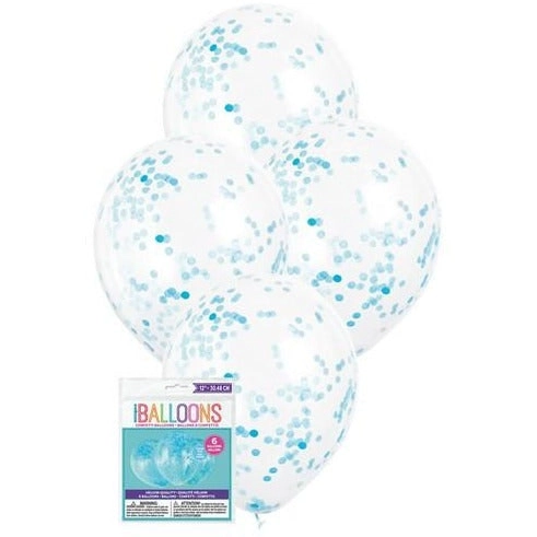 Clear Latex Balloons Prefilled - Powder Blue Confetti