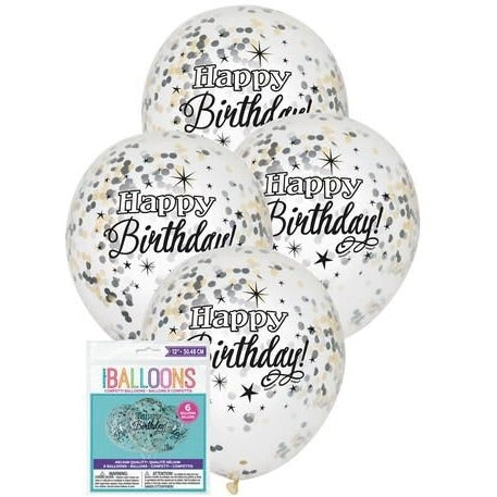 Birthday Clear Balloons - Prefilled Silver, Gold & Black Confetti