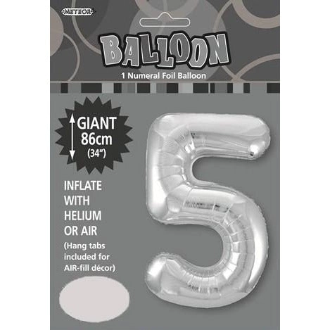 Silver 5 Numeral Foil Balloon 86cm