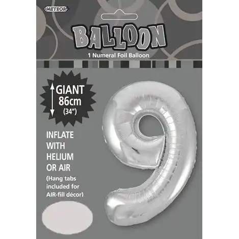 Silver 9 Numeral Foil Balloon 86cm