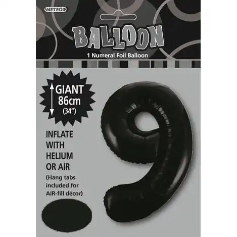 Black 9 Numeral Foil Balloon 86cm