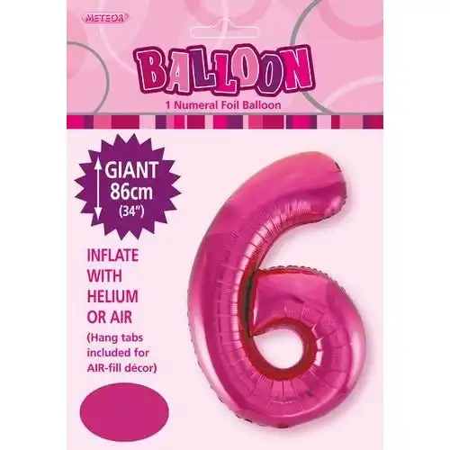 Hot Pink 6 Numeral Foil Balloon 86cm