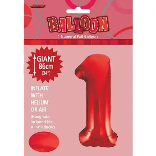 Red 1 Numeral Foil Balloon 86cm