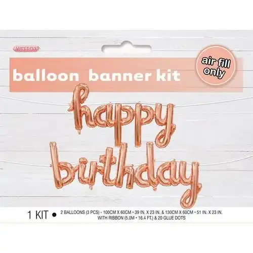 Happy Birthday Rose Gold Balloon Banner With Ribbon