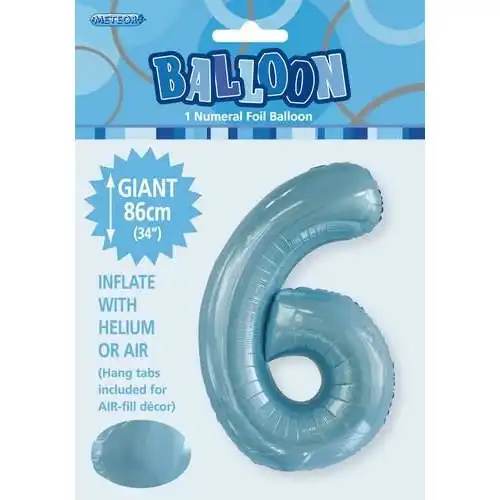 Powder Blue 6 Numeral Foil Balloon 86cm