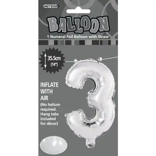 Silver 3 Numeral Foil Balloon 35cm